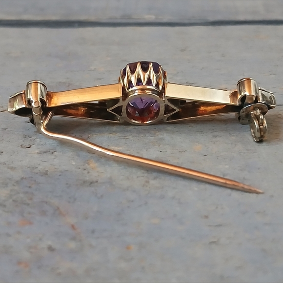 Antique Victorian 14K Yellow Gold Amethyst Bar Brooch Pin 5.7 Grams 1.8" - Picture 8 of 16